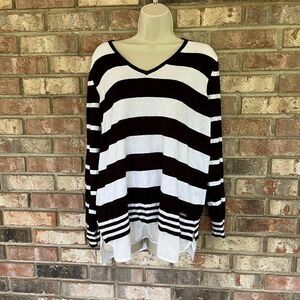 Calvin Klein Womens Striped V-Neck Long Sleeve Pullover Knit Sweater Black Large